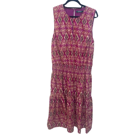 Lauren Ralph Lauren Sleeveless Pink/Tan Aztec Tribal Print Smocked Dress Sz XL - Picture 1 of 11